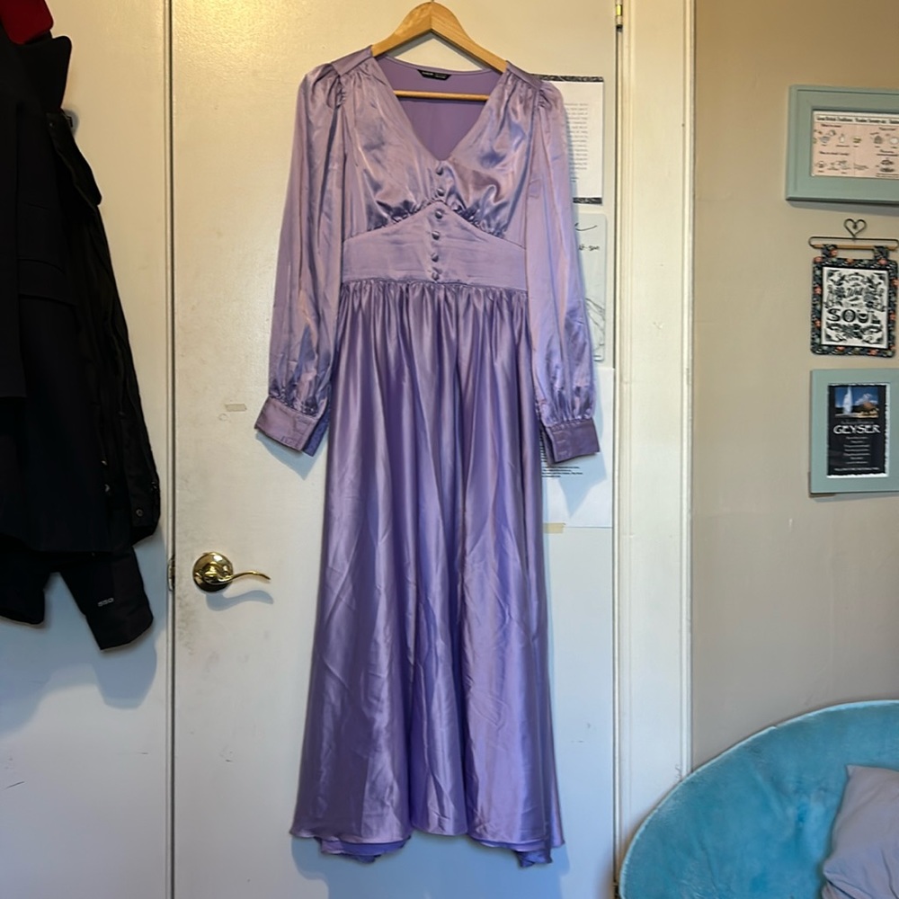 Shein Buttoned Front Lantern Sleeve Satin Dress